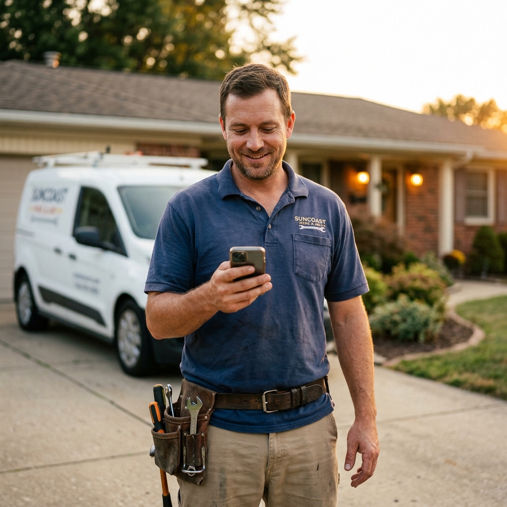 Happy contractor smiling at a payment notification on his phone at sunset