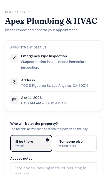 Baylee customer confirmation page showing appointment details and card-on-file form