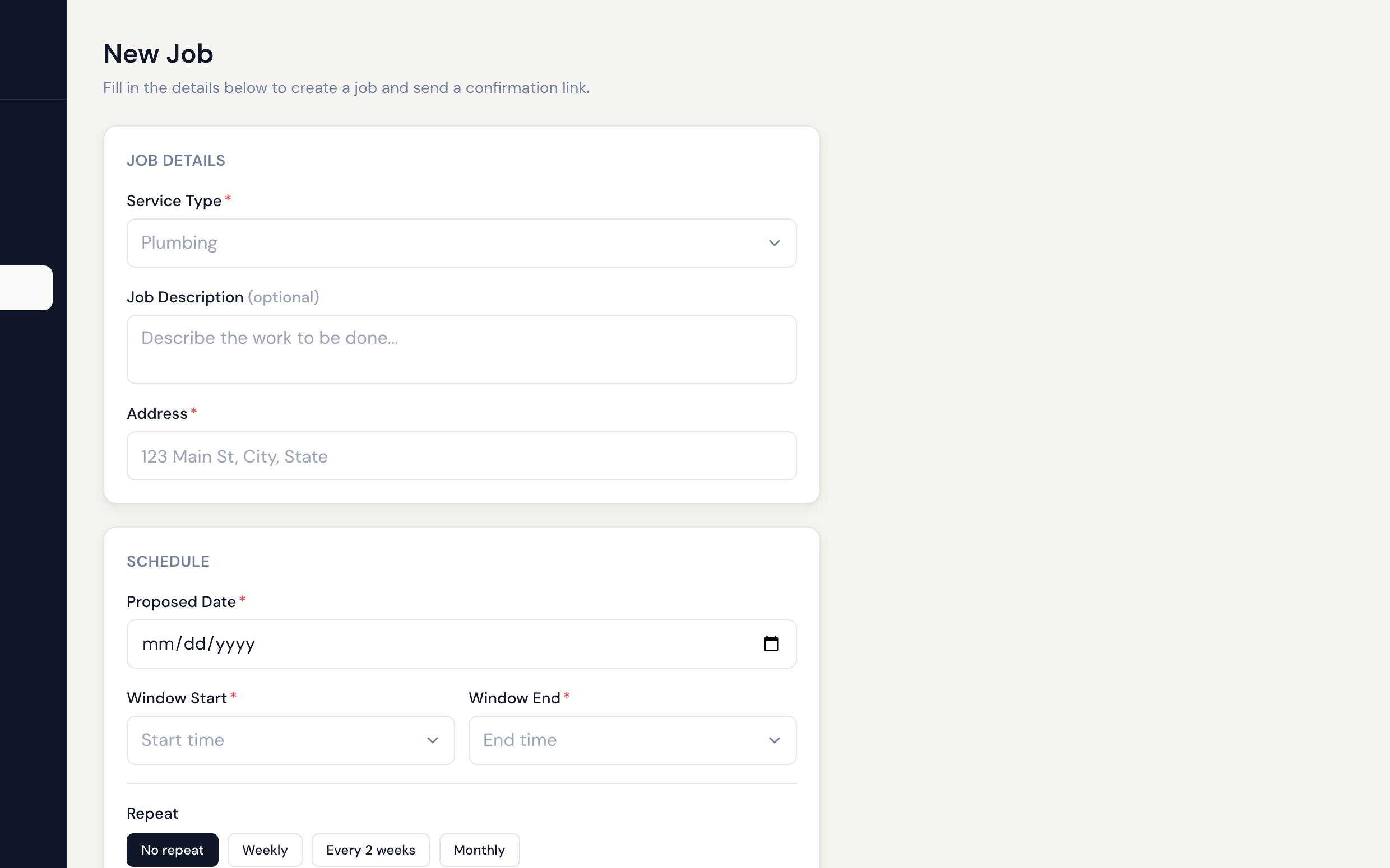 Baylee new job creation form showing service type, address, and scheduling fields